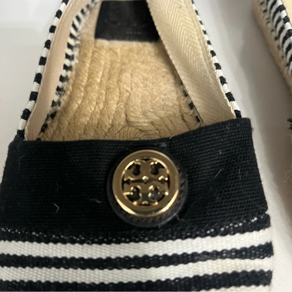 Tory Burch Beacher Black & White Stripped Slip on Espadrilles- 8